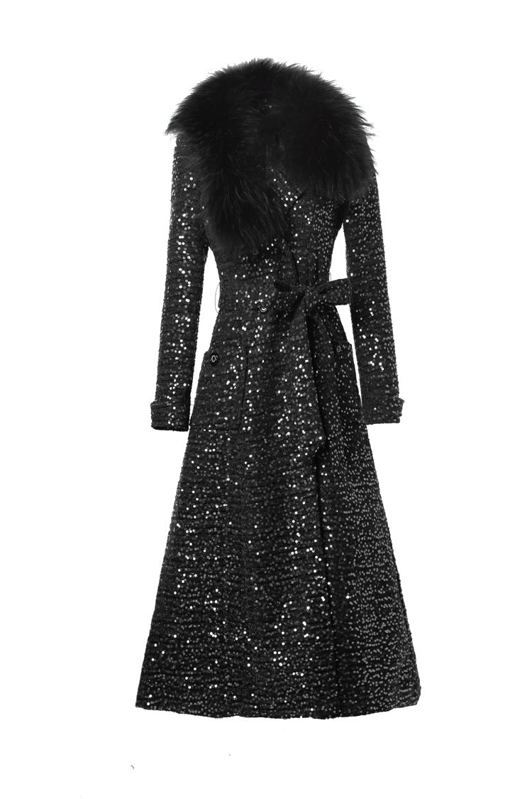 Sequin Embellished Belted Maxi Trench Coat – French Luxury Winter Overcoat SP10027