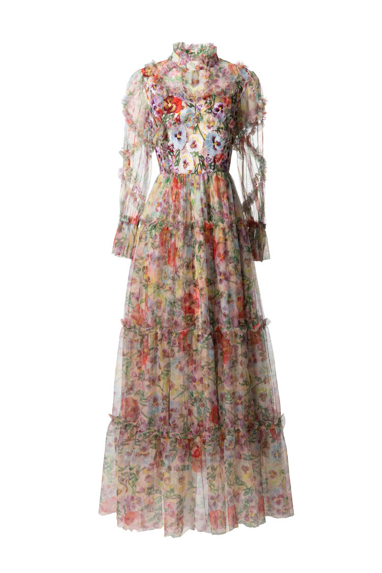 Colorful Floral Embroidered Tiered Tulle Midi Dress SP10019