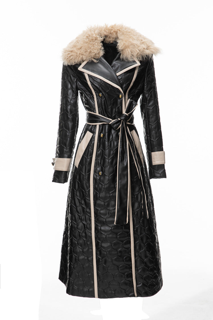 Black Quilted Faux Leather Contrast Trim Maxi Trench Coat SP10030