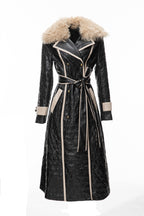 Black Quilted Faux Leather Contrast Trim Maxi Trench Coat SP10030