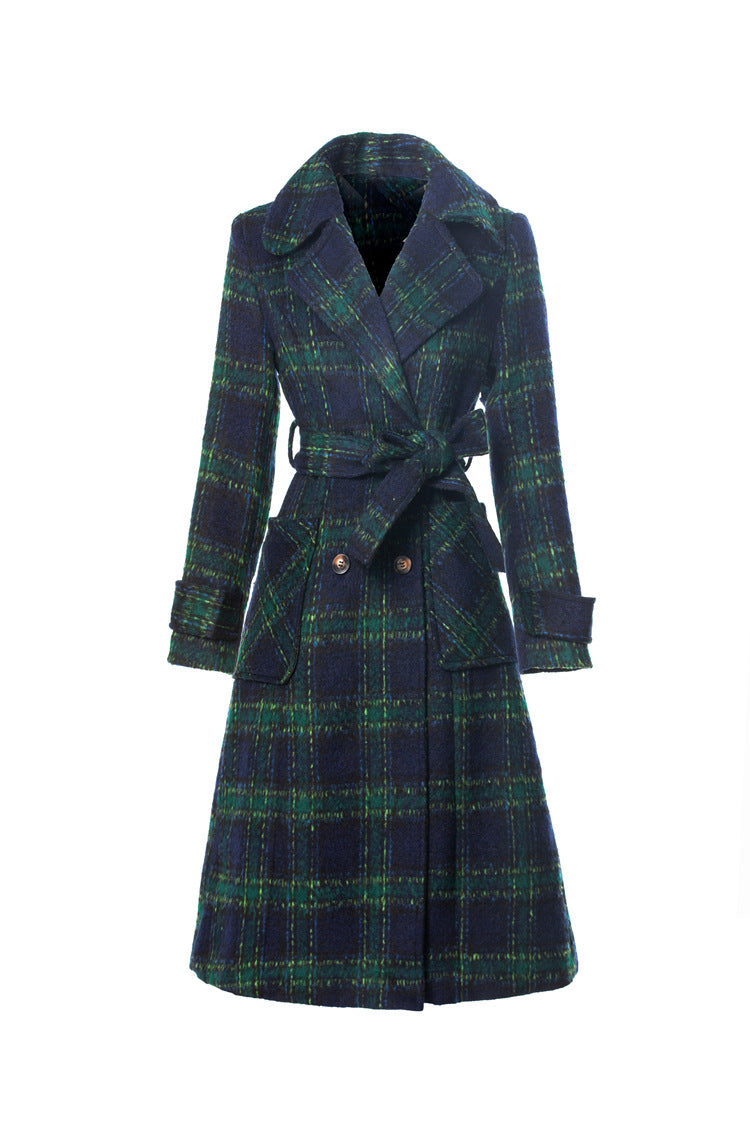 British Style Plaid Wool Blend Long Coat with Belt – Vintage Luxury Overcoat SP10003