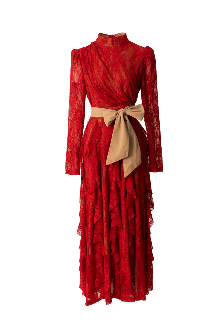 High Neck Lace Ruffle Hem Maxi Dress with Detachable Belt SP10045