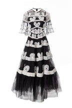 Black & White 3D Floral Embroidered Tiered Tulle Maxi Dress SP10028