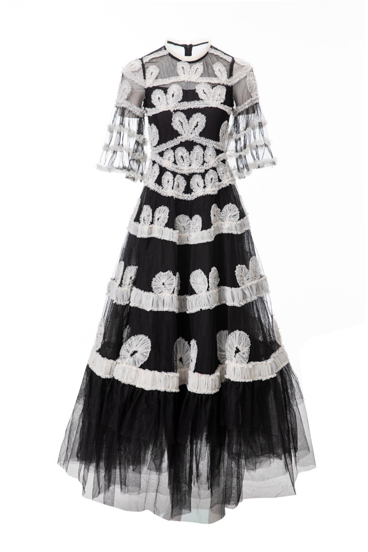 Black & White 3D Floral Embroidered Tiered Tulle Maxi Dress SP10028