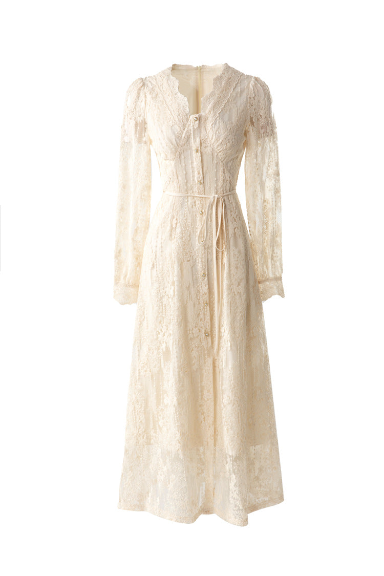 Scalloped V-Neck Lace Embroidered Midi Dress with Lining SP10071