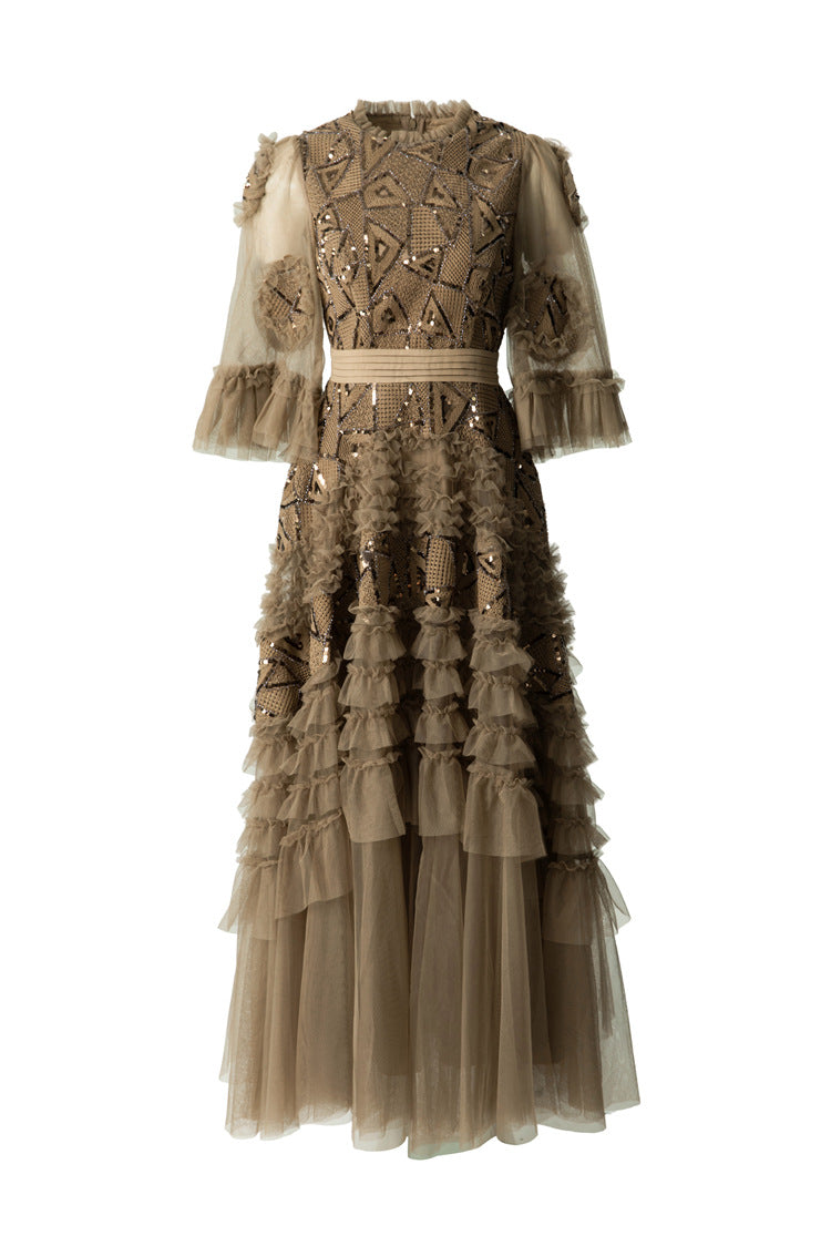 Taupe Geometric Sequin Tiered Tulle Maxi Dress SP10040
