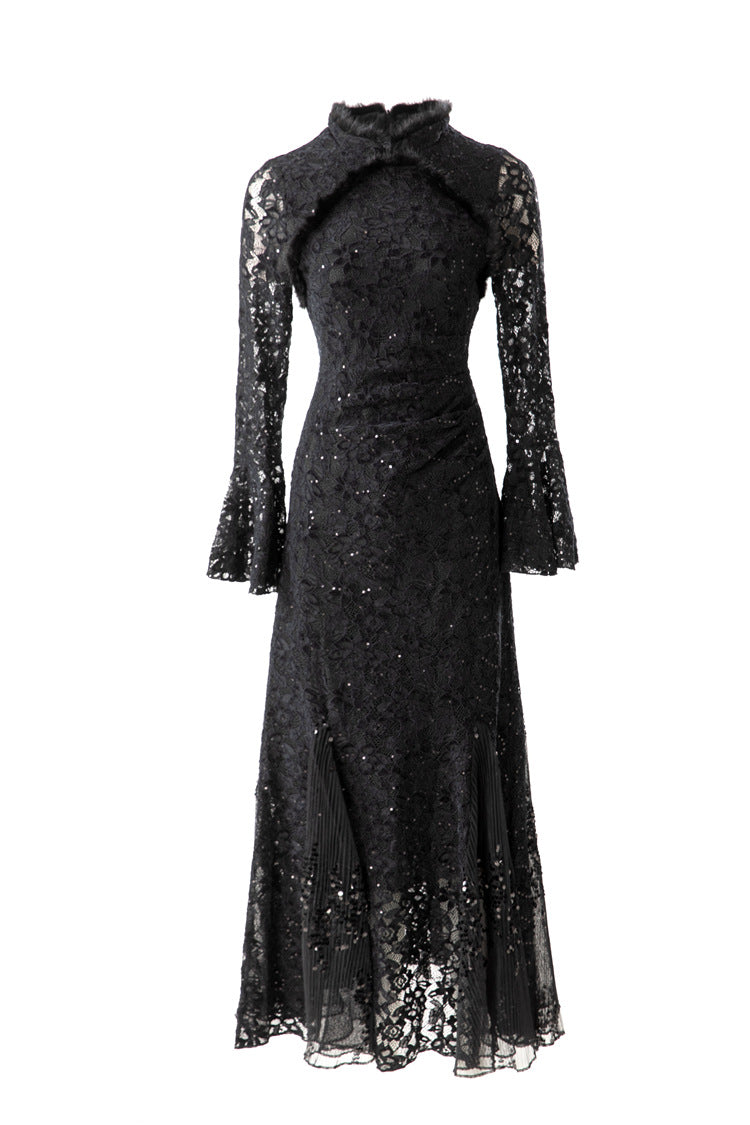 Furry Collar Sequin Lace Mermaid Maxi Dress SP10073