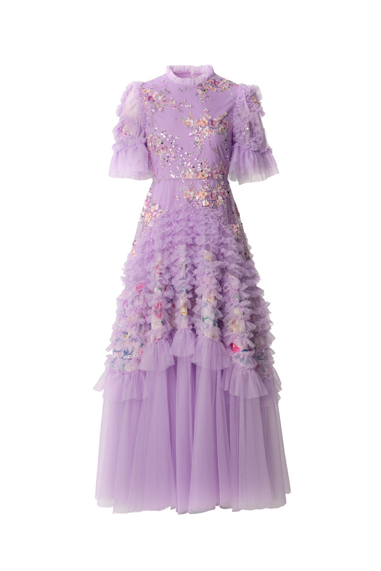 Lavender Floral Embroidery Sequin Tiered Tulle Maxi Dress SP10046