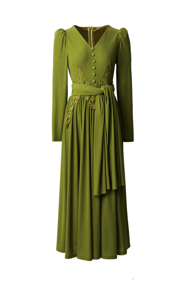 V-Neck Puff Sleeve Waist Embroidery Flared Midi Dress SP10059