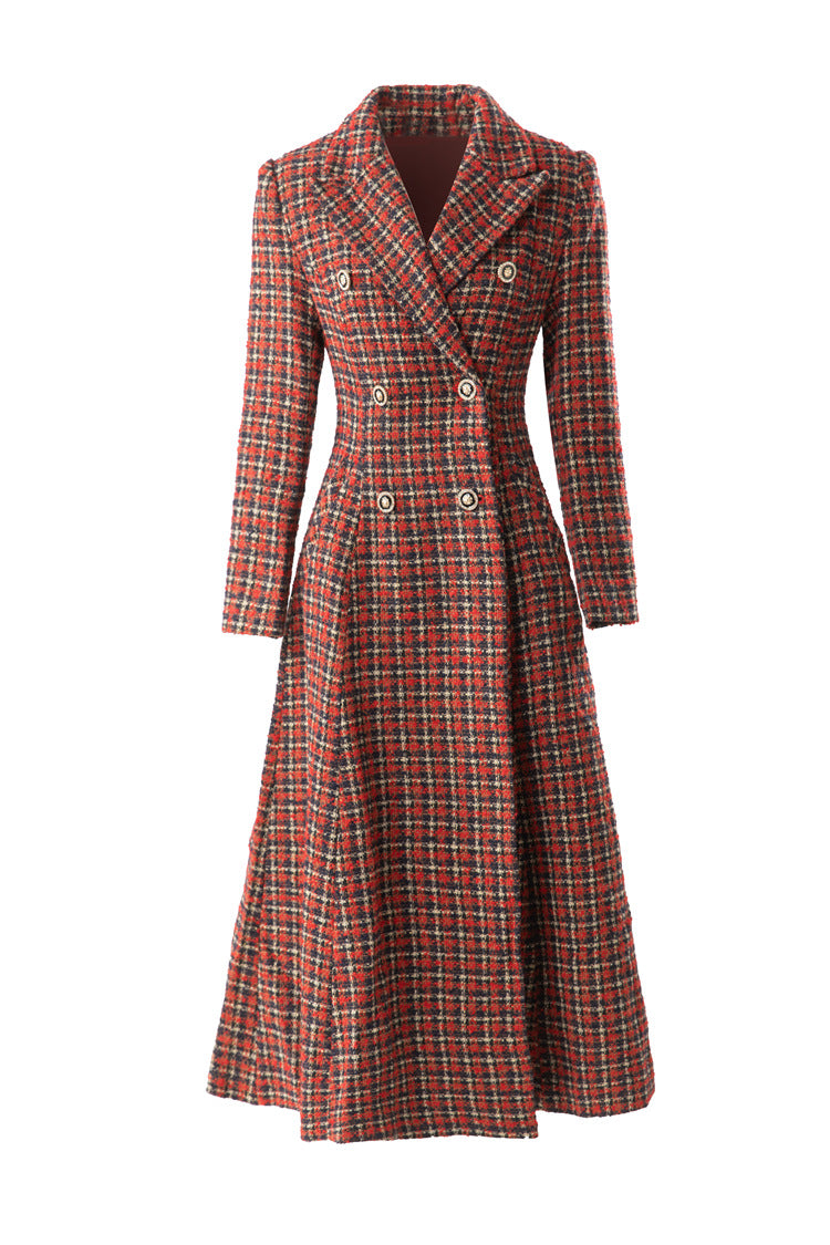Red Plaid Tweed Double-Breasted Maxi Coat Dress SP10079