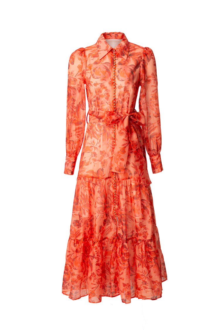 Orange Floral Print Collared Tiered Ruffle Maxi Dress SP10047