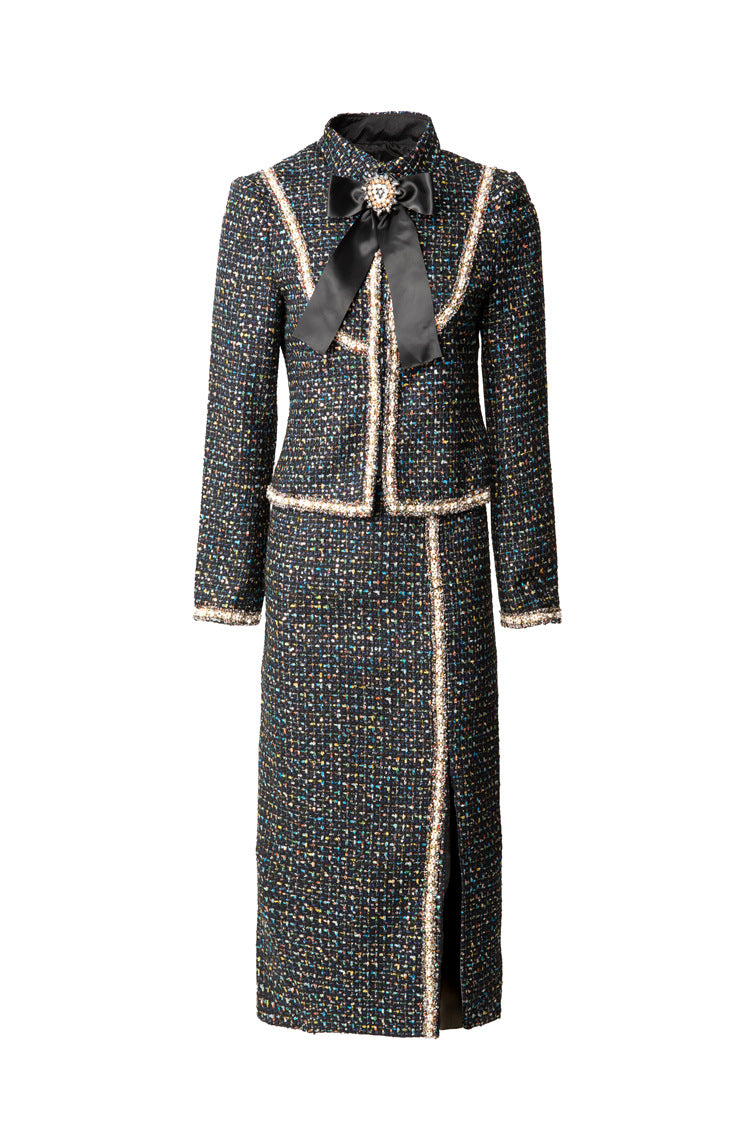 Tweed Bow Tie Jacket & Slit Pencil Skirt Two-Piece Set SP10044