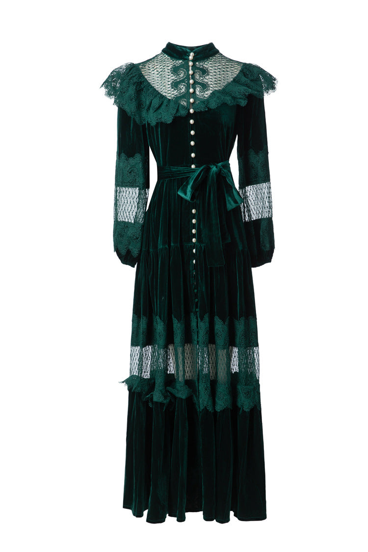 Women's Vintage Court Style Velvet Maxi Dress, Ruffle Lace Hollow Out Patchwork Long Sleeve Pearl Button Formal Evening Gown SP10103