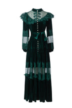 Women's Vintage Court Style Velvet Maxi Dress, Ruffle Lace Hollow Out Patchwork Long Sleeve Pearl Button Formal Evening Gown SP10103