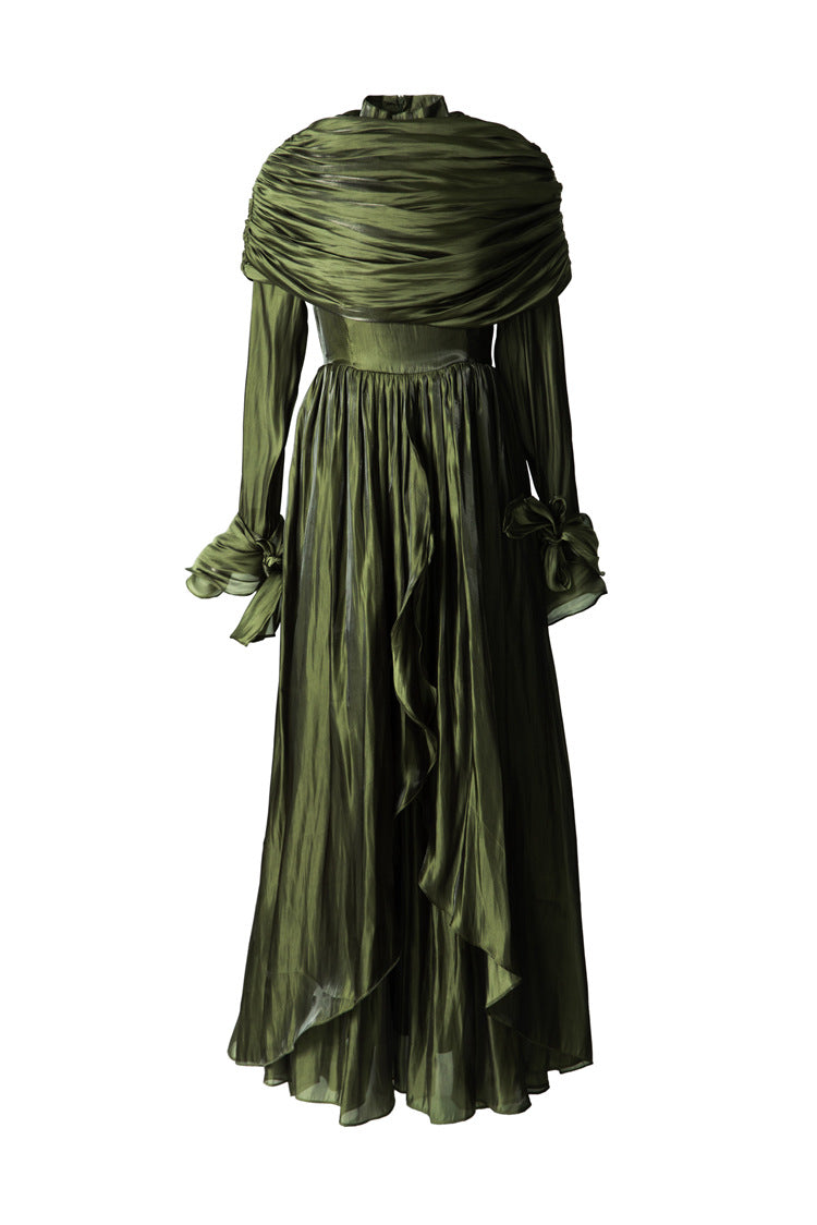 Olive Green Satin Draped Shawl Maxi Dress SP10053