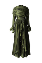 Olive Green Satin Draped Shawl Maxi Dress SP10053