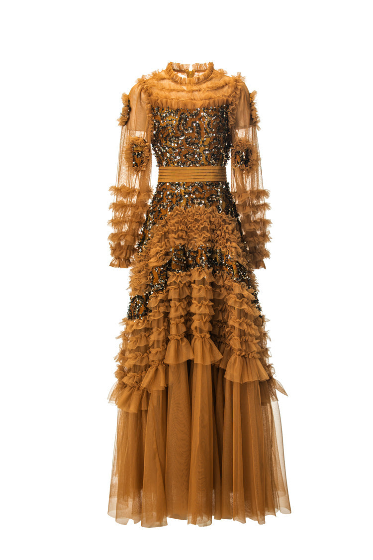 Caramel Sequin Ruffled Tulle Tiered Maxi Gown – Formal Evening Dress SP10005