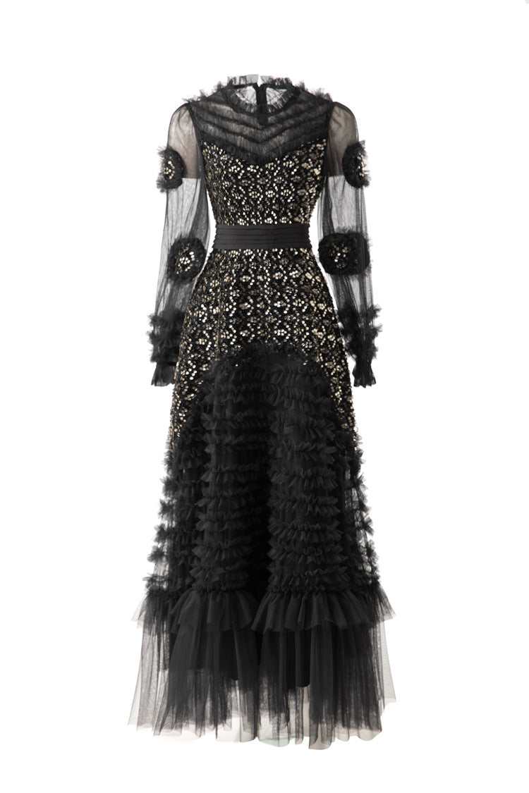Sequin Embellished 3D Floral Tiered Tulle Maxi Dress SP10086