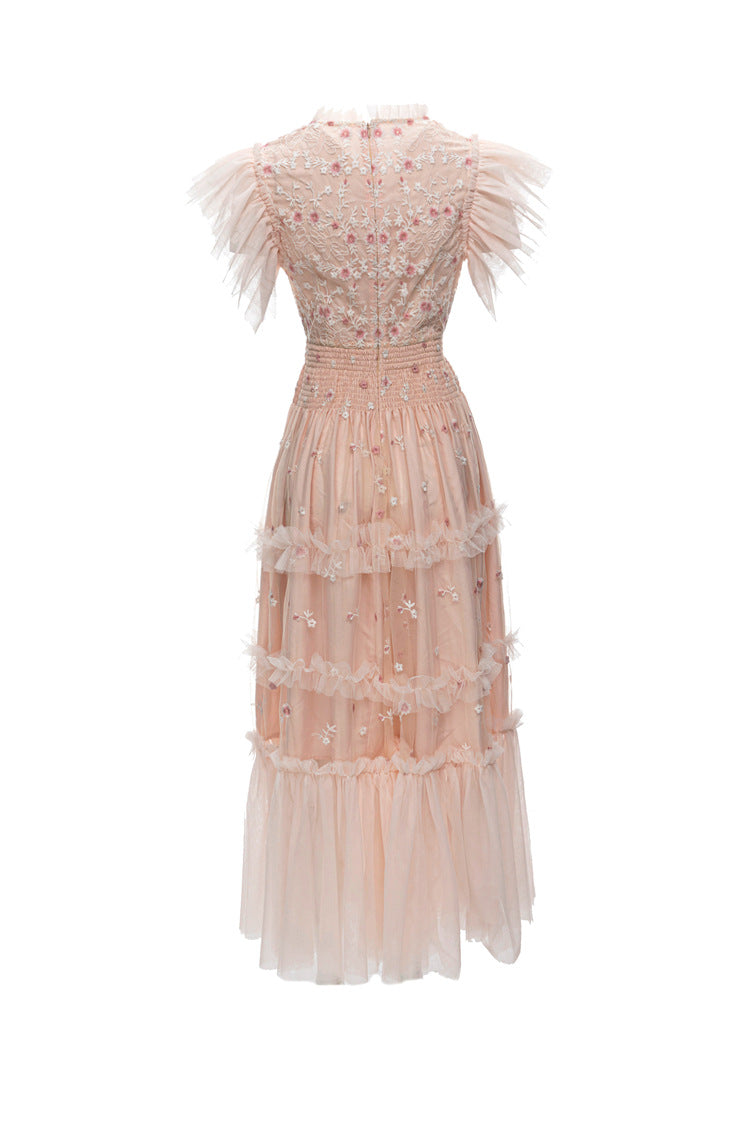 Pink Floral Embroidered Tulle Ruffled Sleeve Midi Dress – French Luxury SP10004