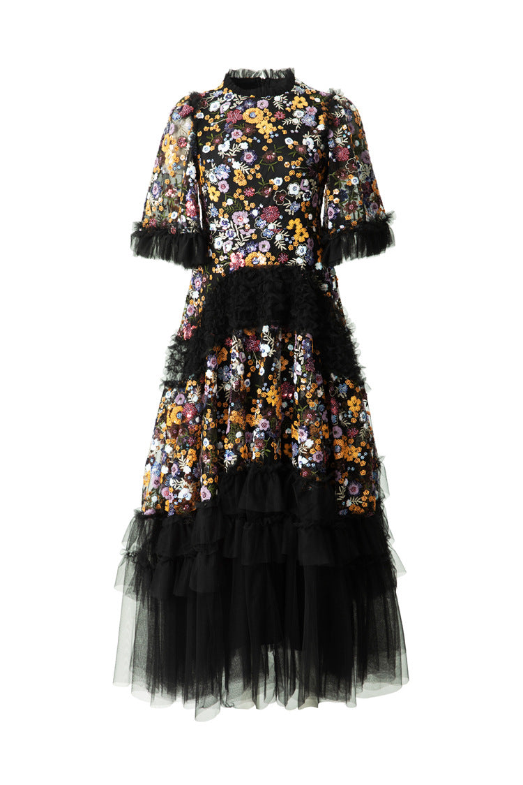 Colorful Floral Embroidered Ruffled Tulle Midi Dress SP10038