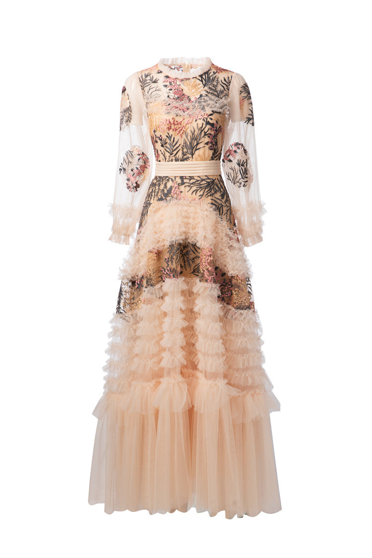 Nude Floral Embroidered Tiered Tulle Maxi Dress SP10008