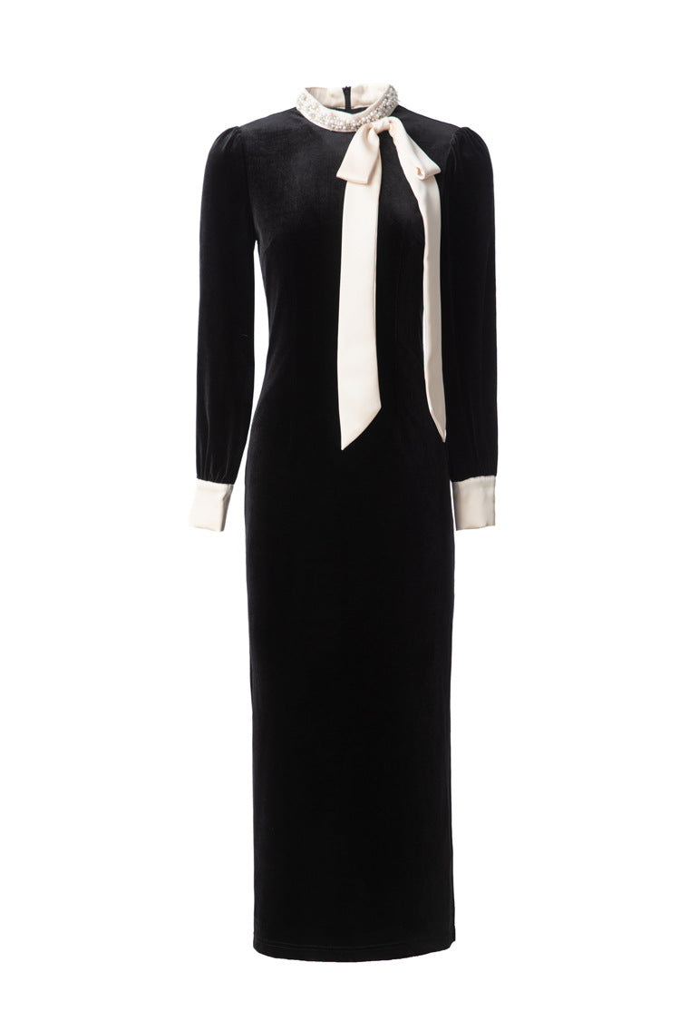 Women's Black Velvet Midi Dress with Pearl Collar & Contrast Bow Tie SP10108