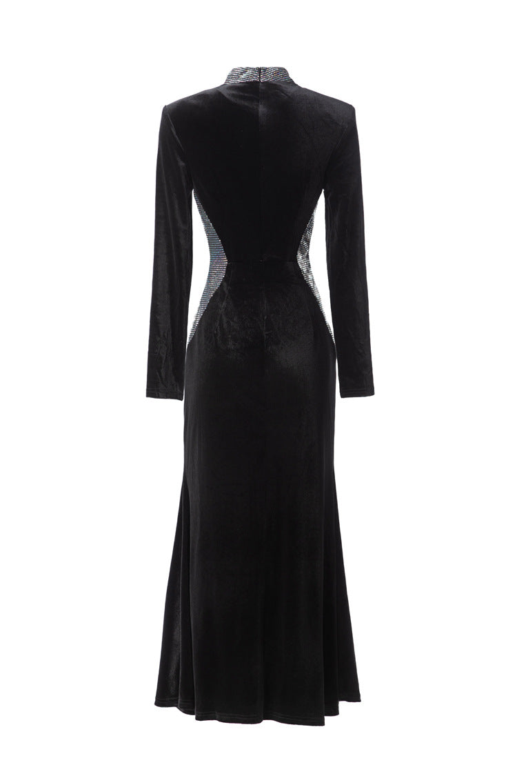 Black Velvet Midi Dress with Rhinestone Neckline & Reflective Waist Accents - Timeless Elegance Meets Modern Glamour SP10101