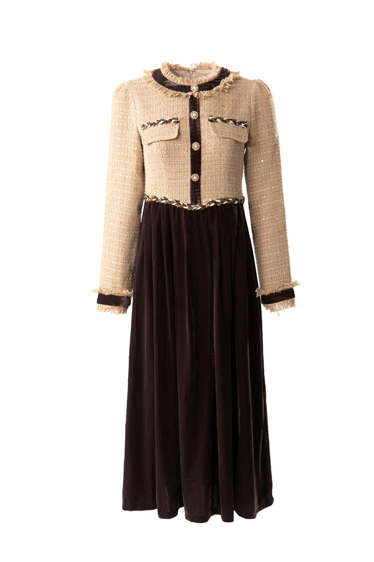 Frayed Collar Tweed Velvet Patchwork Midi Dress SP10072