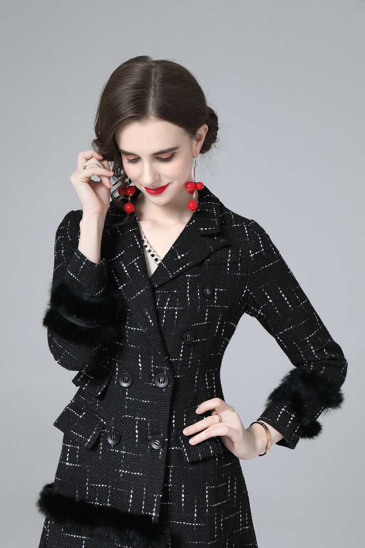 Black Tweed Faux Fur Trim Double Breasted Midi Coat – Luxury Winter Overcoat SP10034