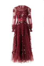 Burgundy Sequin Ruffled Tiered Tulle Midi Dress SP10076