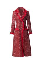 Red Sequin Fringe Trim Double-Breasted Maxi Coat SP10093