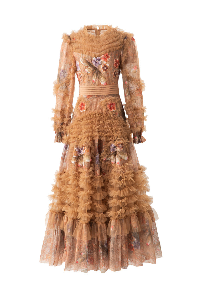 Amber 3D Dragonfly Embellished Tiered Tulle Maxi Dress SP10070