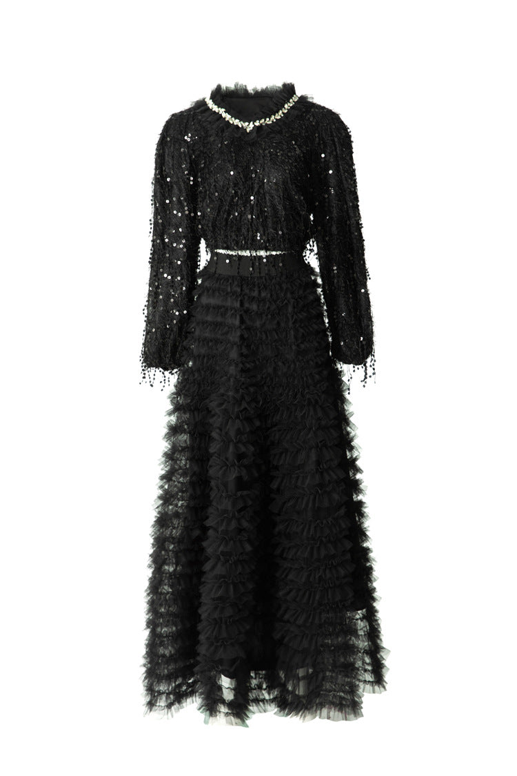 Black Sequin Fringed Tiered Tulle Maxi Dress SP10050