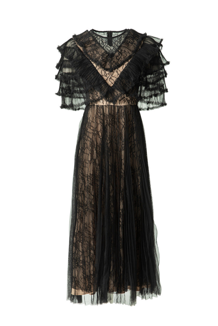 Black Lace Fake Two-Piece Ruffled Sleeve Maxi Dress SP10043