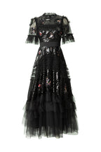 Sequin Floral Embroidered Tiered Tulle Maxi Dress – Ruffled Neck SP10037