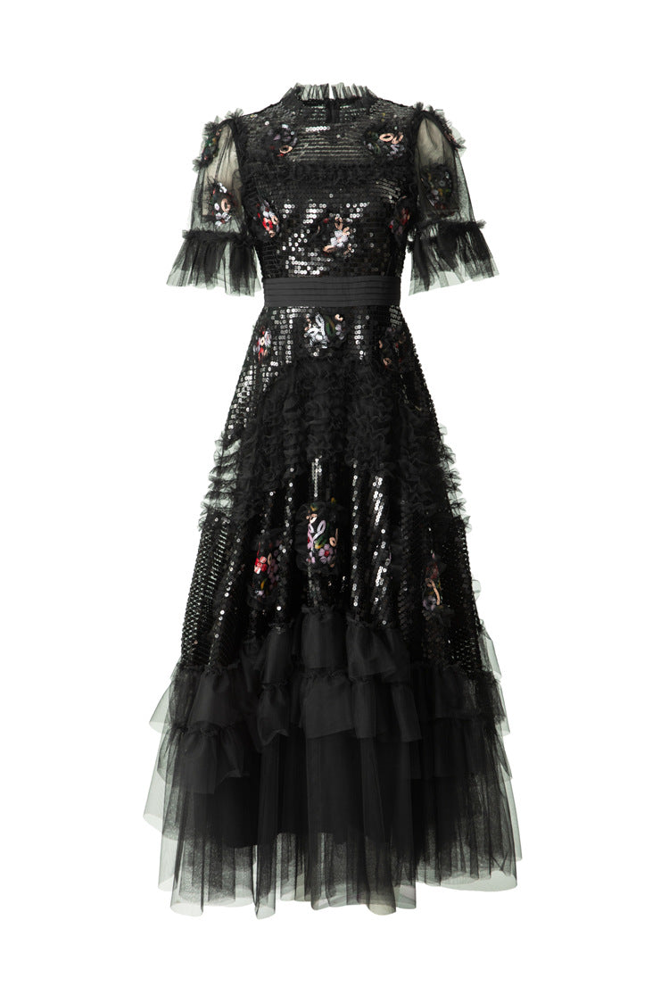 Sequin Floral Embroidered Tiered Tulle Maxi Dress – Ruffled Neck SP10037