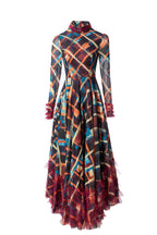 Ruffled Neck Plaid Print Tiered Tulle Maxi Dress SP10091