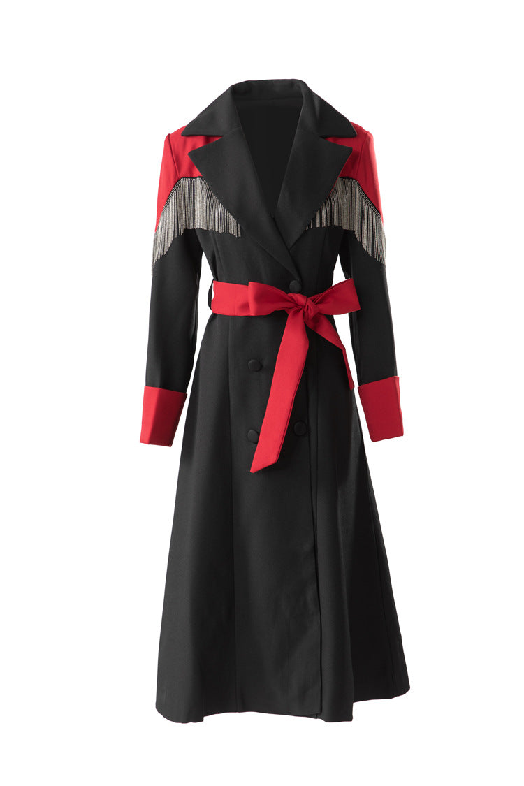 Fringe Trim Color-Block Double-Breasted Trench Dress SP10074