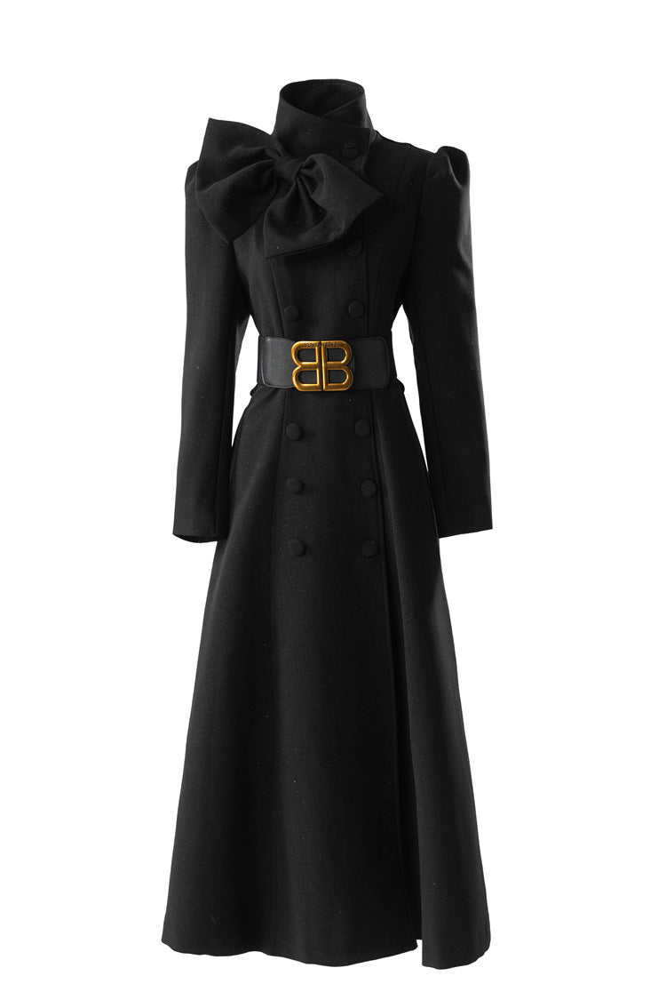 Bow Neck Puff Sleeve Double-Breasted Maxi Coat Dress SP10089