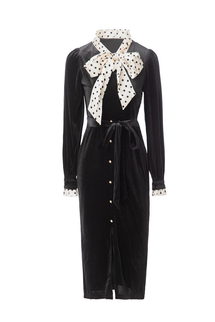 Black Velvet Dress with Polka Dot Bow Neck & Pearl Buttons SP10106