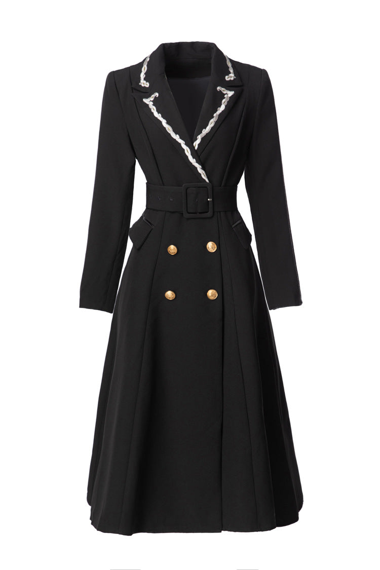 Black Blazer Dress with Braided Trim Lapel & Gold Double Breasted Buttons SP10115