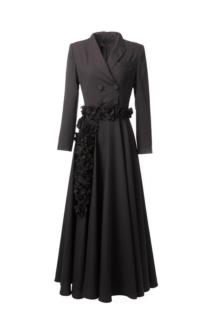 Black Suit Fabric Floral Applique A-Line Maxi Dress SP10022