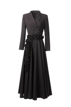 Black Suit Fabric Floral Applique A-Line Maxi Dress SP10022