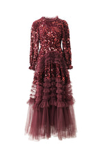 Burgundy Sequin Ruffled Tulle Tiered Maxi Evening Dress SP10016