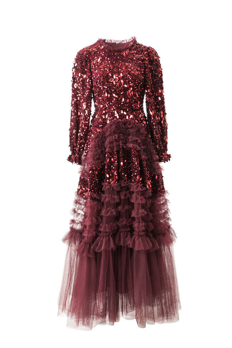Burgundy Sequin Ruffled Tulle Tiered Maxi Evening Dress SP10016