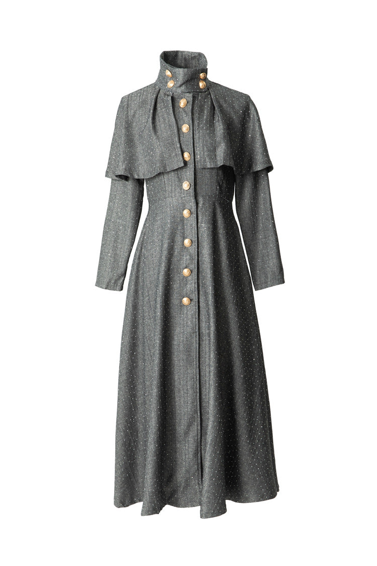 High Collar Cape Overlay Gold Button Front Slit Maxi Dress SP10060
