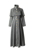 High Collar Cape Overlay Gold Button Front Slit Maxi Dress SP10060
