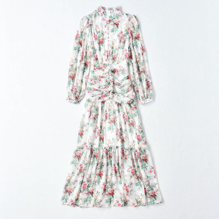Floral Print Ruched Waist Tiered Chiffon Maxi Dress SP10032