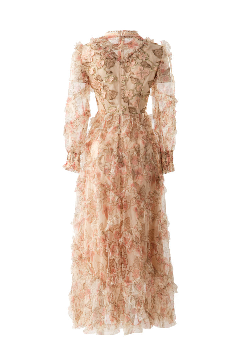 Pearl Trim Floral Embroidered Tiered Tulle Maxi Dress SP10085