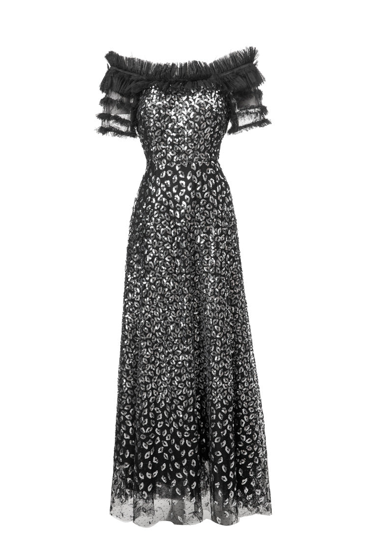 Black & Silver Sequin Off-Shoulder Mermaid Maxi Gown SP10024